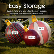 Decorative balls with measurement labels on grass, text about easy storage.